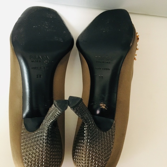 Prada Brown Scallop Satin Earth-Tone Stone Heels - Picture 6 of 8
